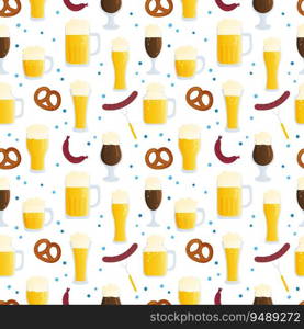 Vector seamless pattern for Oktoberfest. Autumn beer festival illustration. Beer mugs on white background with traditional colors flags. Backdrop for wallpaper, print, textile, fabric, wrapping