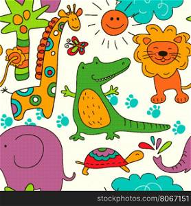 Vector seamless pattern. Funny cartoon animals. Design for child textile, wallpaper, backdrop