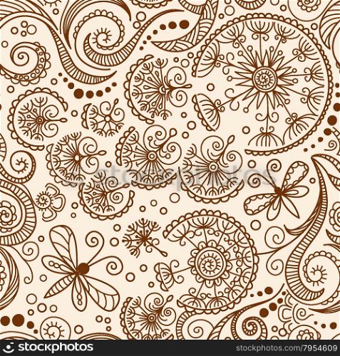 vector seamless pattern hand-drawn Henna mehndi tattoo doodle with dandelion and butterfly, spirals and swirls