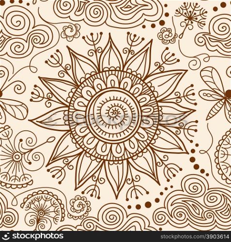 vector seamless pattern hand-drawn Henna mehndi tattoo doodle with sun and butterfly, spirals and swirls