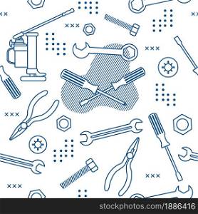 Vector seamless pattern Illustration Construction tools. Repair background. Pliers for gripping and manipulating, wrench, screwdriver, bolt, washer, nut, jack. Building. Design for poster or print