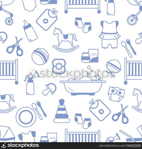 Vector Seamless Pattern Illustration Goods for babies Newborn Infant Toddler Baby care accessories. Baby stroller Cot Bath Bottle Diaper Clothes Socks Pacifier Toys Scissors Breast pump Bib Rattle