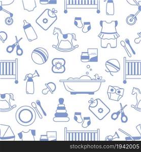 Vector Seamless Pattern Illustration Goods for babies Newborn Infant Toddler Baby care accessories. Baby stroller Cot Bath Bottle Diaper Clothes Socks Pacifier Toys Scissors Breast pump Bib Rattle