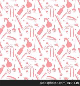 Vector Seamless pattern Illustration Professional hairdresser tools Barbershop Beauty Hairdressing salon Glamour fashion vogue style Comb, hair straighteners, curling tongs, scissors Design for print