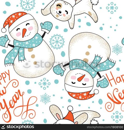 Vector seamless pattern illustration with Christmas rabbit, snowman and snowflakes isolated on white background. Lettering Happy new year. For decor,design,congratulation cards, design cushion, print. Seamless pattern vector Merry Christmas rabbit and snowman
