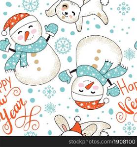 Vector seamless pattern illustration with Christmas rabbit, snowman and snowflakes isolated on white background. Lettering Happy new year. For decor,design,congratulation cards, design cushion, print. Seamless pattern vector Merry Christmas rabbit and snowman
