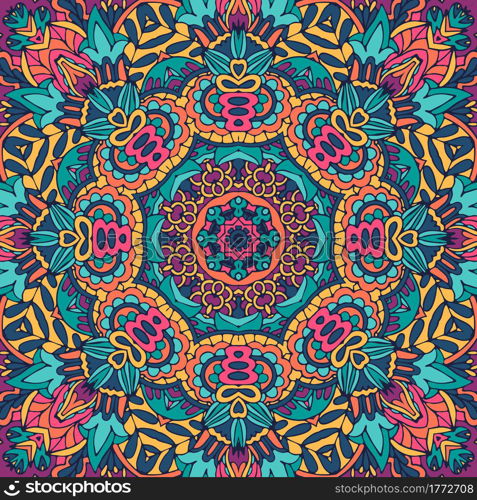 Vector seamless pattern intricate mandala pattern. Ethnic design with colorful medallion psychedelic boho style print.. Vector seamless pattern doodle art mandala. Ethnic design with colorful ornament.