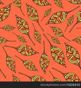 Vector seamless pattern leaves with line, orange, yellow, red. Vector seamless pattern leaves