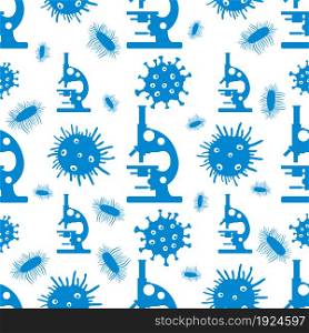Vector seamless pattern microscope, microbe, virus, bacteria, disease germs microorganism on white background. Lab. Biology, medicine, pharmacy, experiment Science Design for websites, wrapping, print