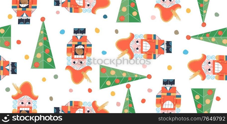 Vector seamless pattern. Nutcracker, wooden Christmas vintage decoration. Christmas tree.. Vector Christmas seamless pattern with Nutcracker and Christmas tree.