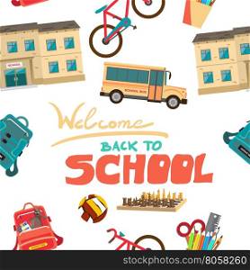 Vector seamless pattern of back to school flat cartoon style things for school, college, university