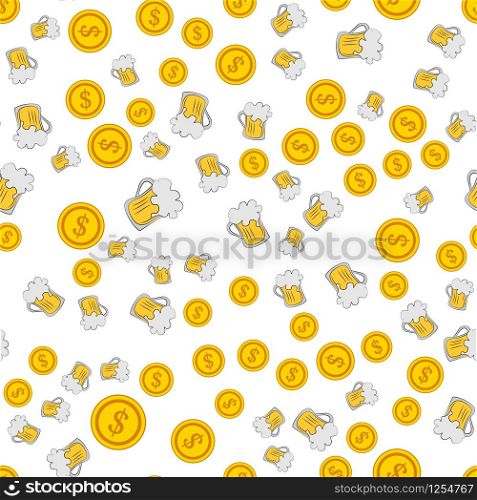 Vector seamless pattern of beer mug and coin on a white background. Stock Illustration for St. Patrick&rsquo;s Day. EPS 10 editable vector.. Vector seamless pattern of beer mug and coin on a white background. Stock Illustration for St. Patrick&rsquo;s Day.