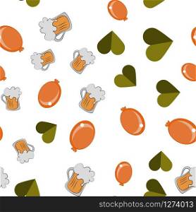 Vector seamless pattern of beer mug, heart and balloon on a white background. Stock Illustration for St. Patrick&rsquo;s Day. EPS 10 editable vector.. Vector seamless pattern of beer mug, heart and balloon on a white background. Stock Illustration for St. Patrick&rsquo;s Day.