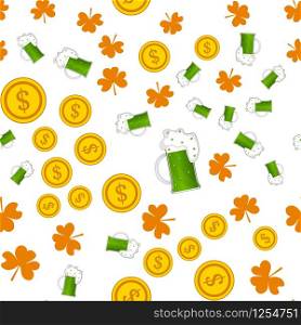 Vector seamless pattern of beer mug, shamrock and coin on a white background. Stock Illustration for St. Patrick&rsquo;s Day. EPS 10 editable vector.. Vector seamless pattern of beer mug, shamrock and coin on a white background. Stock Illustration for St. Patrick&rsquo;s Day.