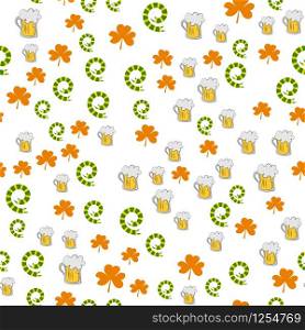 Vector seamless pattern of beer mug, shamrock and striped ribbon on a white background. Stock Illustration for St. Patrick&rsquo;s Day. EPS 10 editable vector.. Vector seamless pattern of beer mug, shamrock and striped ribbon on a white background. Stock Illustration for St. Patrick&rsquo;s Day.