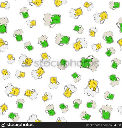 Vector seamless pattern of beer mugs on a white background. Mugs are randomly scattered around the picture. Illustration for wrapping gifts for St. Patrick&rsquo;s Day.. Vector seamless pattern of beer mugs on a white background. Illustration for wrapping gifts for St. Patrick&rsquo;s Day.