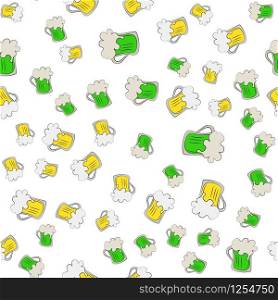 Vector seamless pattern of beer mugs on a white background. Mugs are randomly scattered around the picture. Illustration for wrapping gifts for St. Patrick&rsquo;s Day.. Vector seamless pattern of beer mugs on a white background. Illustration for wrapping gifts for St. Patrick&rsquo;s Day.