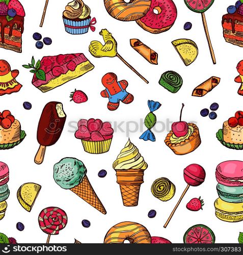 Vector seamless pattern of candies, ice cream, cake and other different sweets. Hand drawn illustrations. Sweet food pattern seamless, chocolate ice cream and cupcake. Vector seamless pattern of candies, ice cream, cake and other different sweets. Hand drawn illustrations