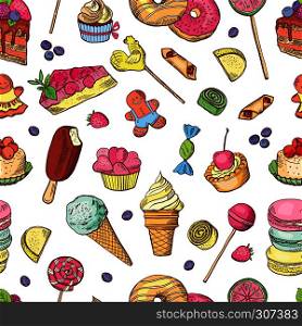 Vector seamless pattern of candies, ice cream, cake and other different sweets. Hand drawn illustrations. Sweet food pattern seamless, chocolate ice cream and cupcake. Vector seamless pattern of candies, ice cream, cake and other different sweets. Hand drawn illustrations