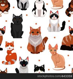 Vector seamless pattern of cute cats. Colored pictures of pets. Cat pet animal pattern background illustration. Vector seamless pattern of cute cats. Colored pictures of pets
