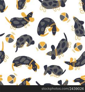 Vector seamless pattern of dachshunds and balls. Perfect for T-shirt, textile and prints. Hand drawn illustration for decor and design.
