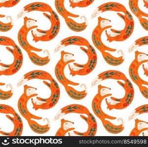 Vector seamless pattern of dancing folk art foxes on white background. Animalistic texture love and family. Background with animals with floral decorations for wallpaper and fabric. Vector seamless pattern of dancing folk art foxes on white background. Animalistic texture love and family. Background with animals