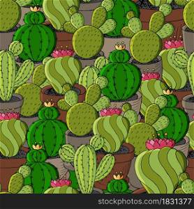Vector seamless pattern of different cacti. Cute background from tropical plants. Exotic wallpaper in green colors. The trendy image is ideal for fabrics. Cute vector illustration. Cartoon images of cactus. Cacti, aloe, succulents. Decorative natural elements