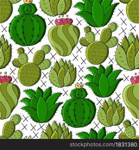 Vector seamless pattern of different cacti. Cute background from tropical plants. Exotic wallpaper in green colors. Trending image ideal for fabrics, wallpaper. Cute vector illustration. Cartoon images of cactus. Cacti, aloe, succulents. Decorative natural elements