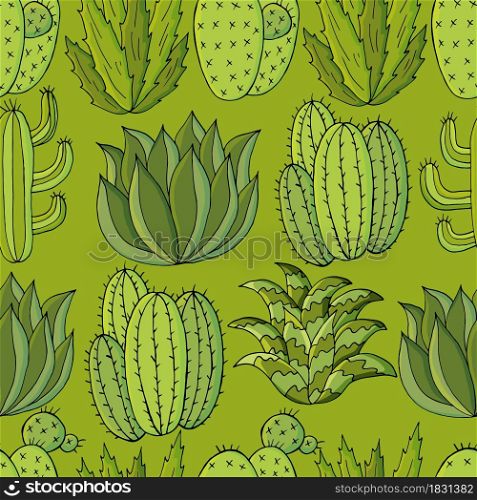 Vector seamless pattern of different cacti. Cute background from tropical plants. Exotic wallpaper in green colors. Trending image. Cute vector illustration. Cartoon images of cactus. Cacti, aloe, succulents. Decorative natural elements
