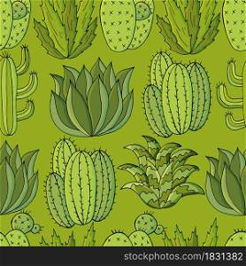Vector seamless pattern of different cacti. Cute background from tropical plants. Exotic wallpaper in green colors. Trending image. Cute vector illustration. Cartoon images of cactus. Cacti, aloe, succulents. Decorative natural elements