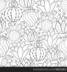 Vector seamless pattern of different cacti. Cute background from tropical plants. Exotic monochrome wallpaper. Trending image ideal for fabrics, wallpaper. Seamless botanical illustration. Tropical pattern of different cacti, aloe