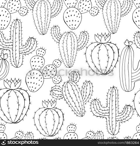 Vector seamless pattern of different cacti. Cute background from tropical plants. Exotic wallpaper. Trending monochrome image. Seamless botanical illustration. Tropical pattern of different cacti, aloe