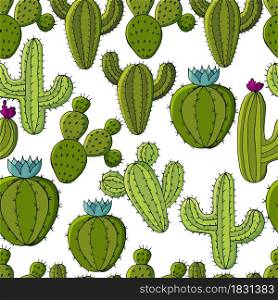 Vector seamless pattern of different cacti. Cute background from tropical plants. Exotic wallpaper. Trending image. Cute vector illustration. Cartoon images of cactus. Cacti, aloe, succulents. Decorative natural elements