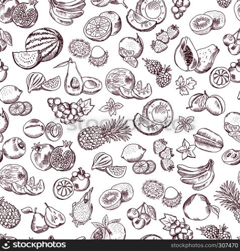 Vector seamless pattern of doodle fruits on white background. Background with drawing natural sweet fruits illustration. Vector seamless pattern of doodle fruits on white background
