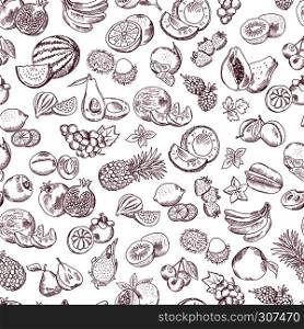 Vector seamless pattern of doodle fruits on white background. Background with drawing natural sweet fruits illustration. Vector seamless pattern of doodle fruits on white background