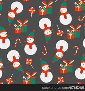Vector seamless pattern of doodle snowmen. Bright snowmen on dark background. Candy canes, gift boxes, Christmas concept. Vector seamless pattern of doodle snowmen. Colorful snowmen on dark background. Candy canes, gift boxes, Christmas symbols concept