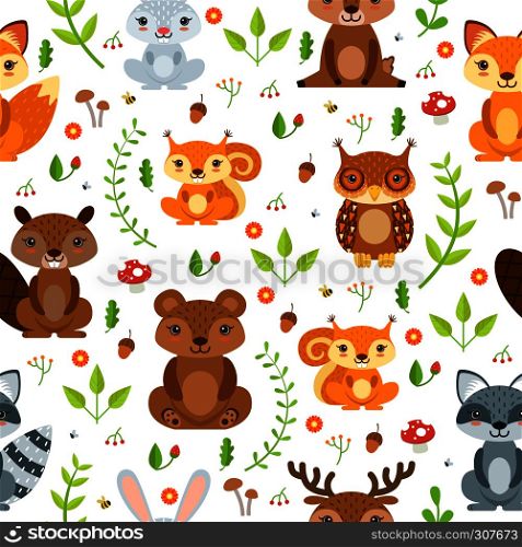 Vector seamless pattern of forest animals and summer plants. Seamless pattern forest plant and animal illustration. Vector seamless pattern of forest animals and summer plants