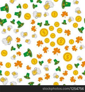 Vector seamless pattern of girl, coin, beer mug and shamrock on a white background. Stock Illustration for St. Patrick&rsquo;s Day. EPS 10 editable vector.. Vector seamless pattern of girl, coin, beer mug and shamrock on a white background. Stock Illustration for St. Patrick&rsquo;s Day.