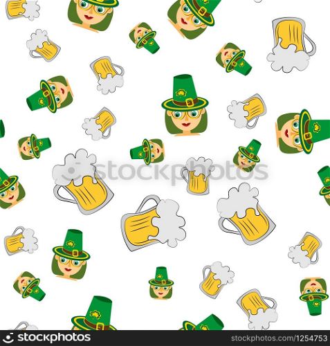Vector seamless pattern of girl in a green hat and a beer mug on a white background. Stock Illustration for St. Patrick&rsquo;s Day. EPS 10 editable vector.. Vector seamless pattern of girl in a green hat and a beer mug on a white background. Stock Illustration for St. Patrick&rsquo;s Day.