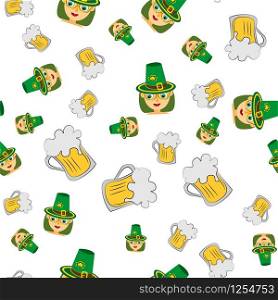 Vector seamless pattern of girl in a green hat and a beer mug on a white background. Stock Illustration for St. Patrick&rsquo;s Day. EPS 10 editable vector.. Vector seamless pattern of girl in a green hat and a beer mug on a white background. Stock Illustration for St. Patrick&rsquo;s Day.