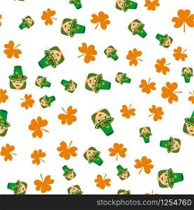 Vector seamless pattern of girl in a green hat and a shamrock on a white background. Stock Illustration for St. Patrick&rsquo;s Day. EPS 10 editable vector.. Vector seamless pattern of girl in a green hat and a shamrock on a white background. Stock Illustration for St. Patrick&rsquo;s Day.