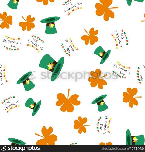 Vector seamless pattern of green hat, flags, shamrock and lettering on a white background. Stock Illustration for St. Patrick&rsquo;s Day. EPS 10 editable vector.. Vector seamless pattern of green hat, flags, shamrock and lettering on a white background. Stock Illustration for St. Patrick&rsquo;s Day.