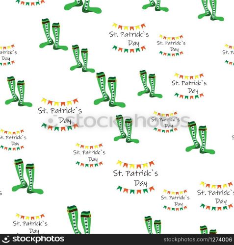 Vector seamless pattern of green socks with clover and lettering on a white background. Stock Illustration for St. Patrick&rsquo;s Day. EPS 10 editable vector.. Vector seamless pattern of green socks with clover and lettering on a white background. Stock Illustration for St. Patrick&rsquo;s Day.