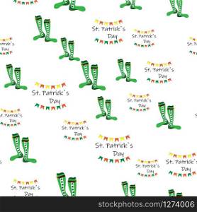 Vector seamless pattern of green socks with clover and lettering on a white background. Stock Illustration for St. Patrick&rsquo;s Day. EPS 10 editable vector.. Vector seamless pattern of green socks with clover and lettering on a white background. Stock Illustration for St. Patrick&rsquo;s Day.