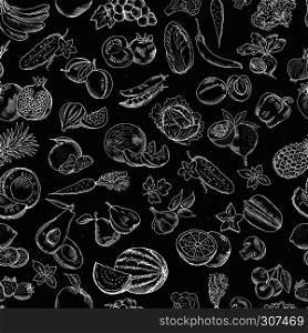 Vector seamless pattern of hand drawn fruits and vegetables. White illustrations on the dark blackboard. Pattern with doodle fruits and vegetables on chalkboard. Vector seamless pattern of hand drawn fruits and vegetables. White illustrations on the dark blackboard