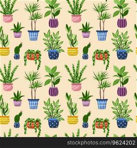 Vector seamless pattern of house plants in pot. Hand drawn doodle exotic home plants illustration. Backdrop for wallpaper, print, textile, fabric, wrapping.