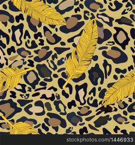 Vector Seamless pattern of leopard skin and bird feather on yellow pastel background, Leopard print background with modern style, illustration Wild Animals pattern for textile, wall paper and wrapping