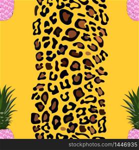 Vector Seamless pattern of leopard skin and pink pineapple on yellow background, illustration Leopard print, Wild Animals and topical fruit pattern for fun time on summer holiday concept