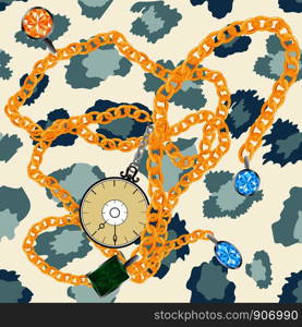 Vector Seamless pattern of leopard skin with gold chains blue sky, citrine and green emerald gemstone and vintage clock,Wild Animals pattern for textile or wall paper in vintage colour