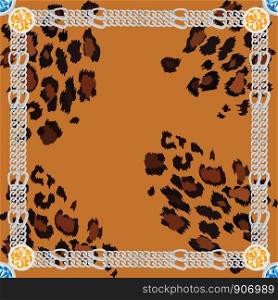 Vector Seamless pattern of leopard skin with silver chains, blue sky and citrine gemstone on orange background, Wild Animals pattern for textile or wall paper